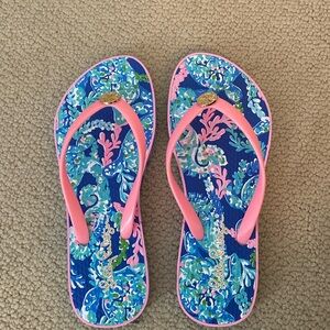 Lilly Pulitzer Blue Pink Tropical Print Flip Flops